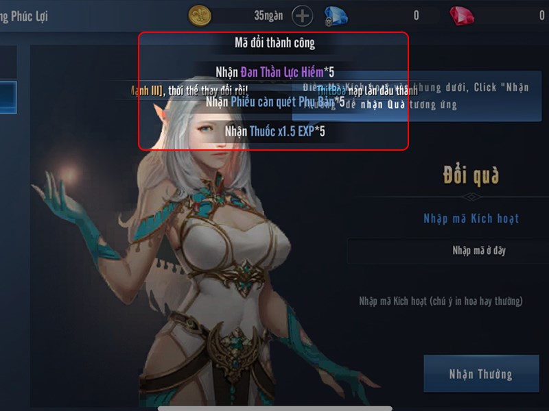 Thông báo đổi code nhận quà thành công Thông báo đổi code nhận quà thành công
