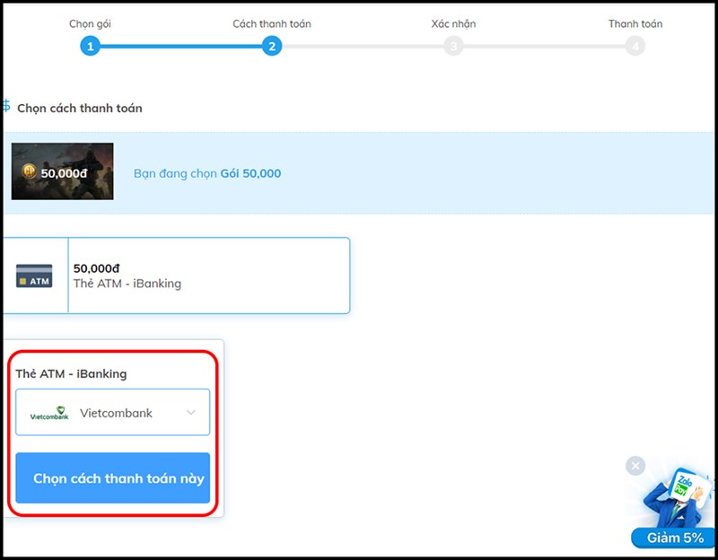 cpcallofdutymobile10-800x624-1 Bước 1: Chọn ngân hàng sử dụng để thanh toán và nhấn Chọn cách thanh toán này.