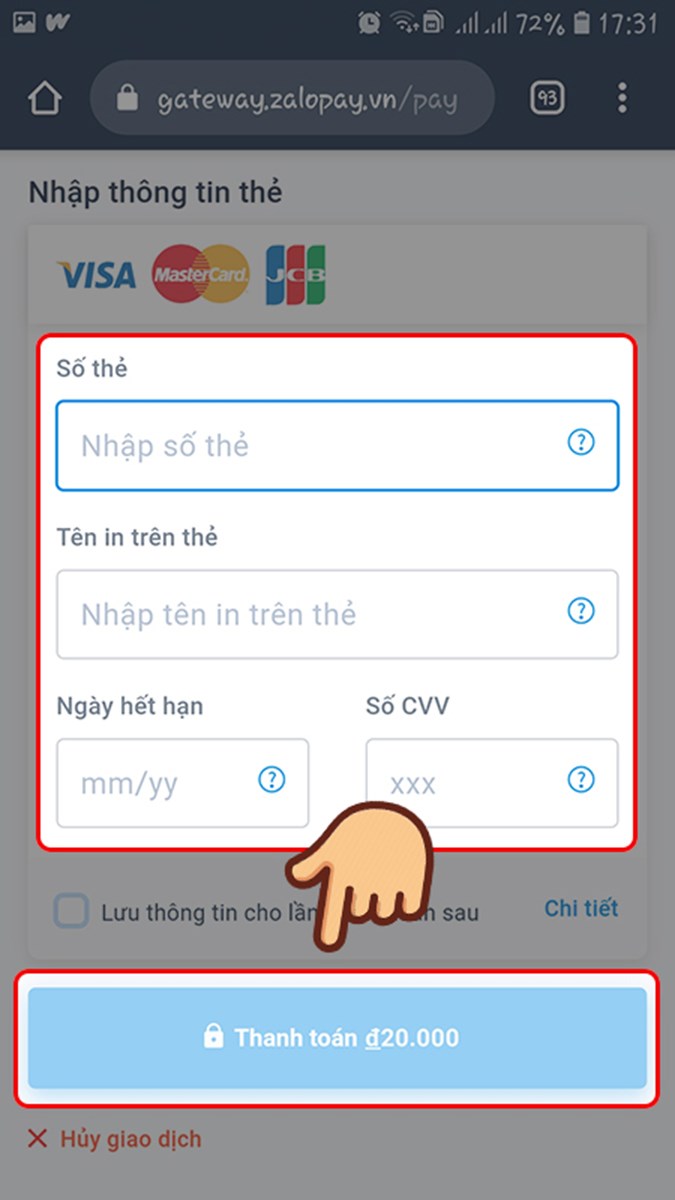 Điền thông tin thẻ và chọn Thanh toán Điền thông tin thẻ và chọn Thanh toán