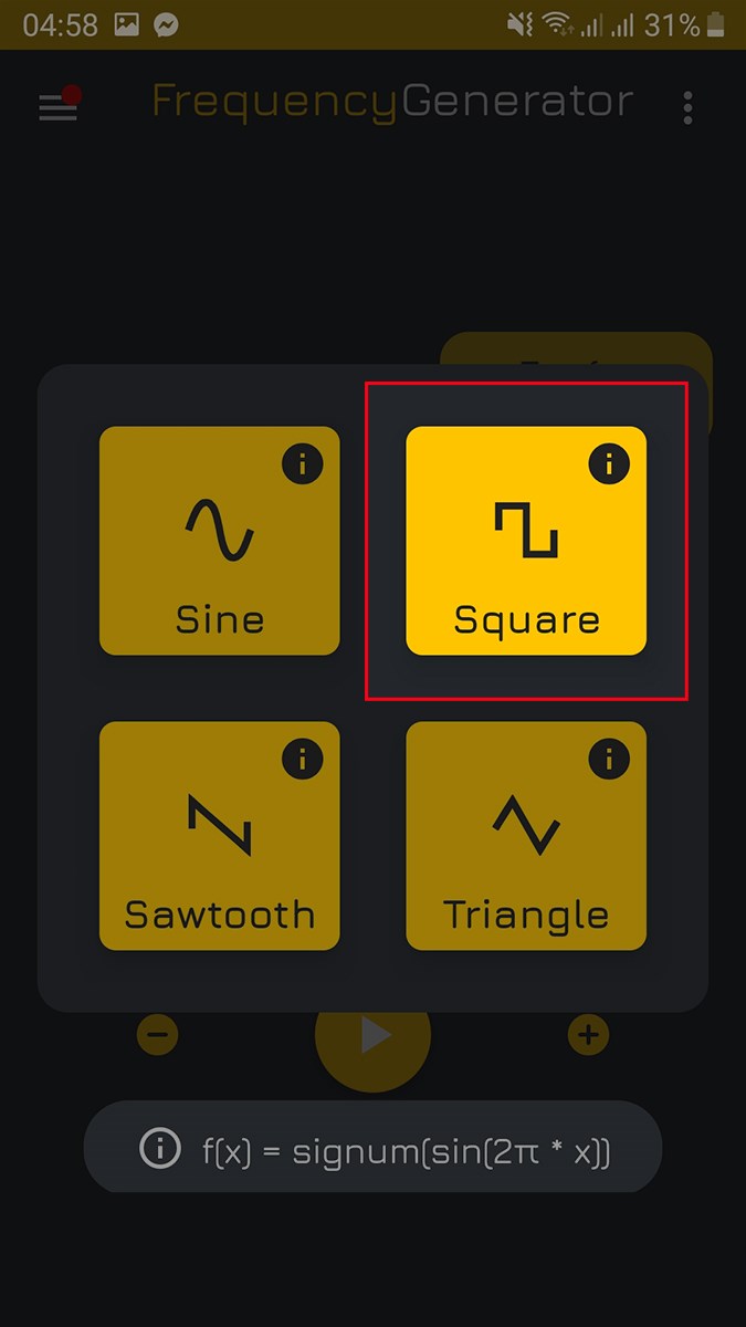 Chọn dạng tần số Square để phát ra âm thanh có độ trầm cao và rung mạnh màng loa nhất Chọn dạng tần số Square để phát ra âm thanh có độ trầm cao và rung mạnh màng loa nhất