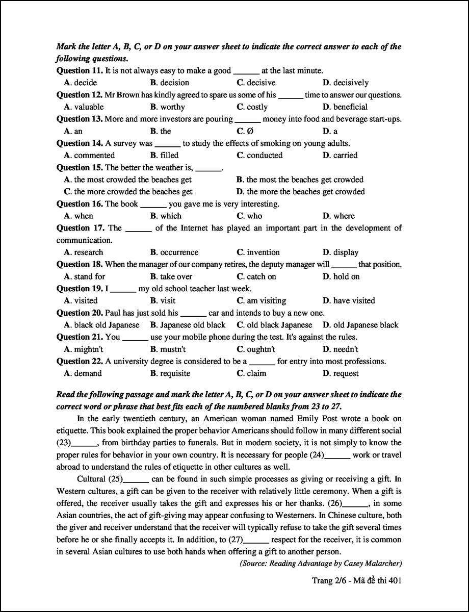 Đề thi môn tiếng Anh THPT Quốc gia năm 2017 mã 401 trang 2