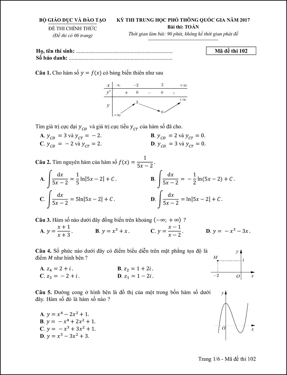 Đề thi môn Toán THPT Quốc gia năm 2017 mã 102 trang 1