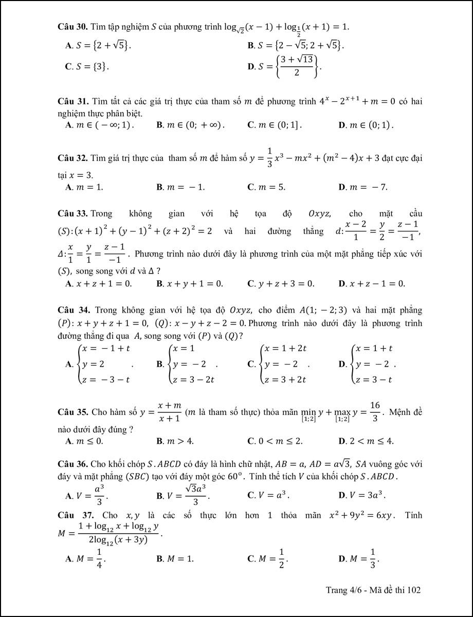 Đề thi môn Toán THPT Quốc gia năm 2017 mã 102 trang 4