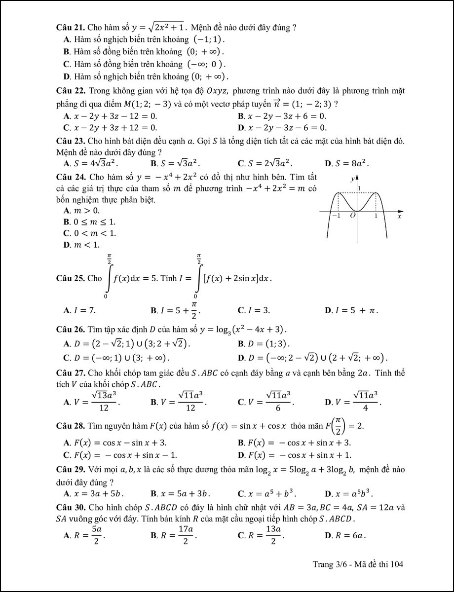 Đề thi môn Toán THPT Quốc gia năm 2017 mã 104 trang 3