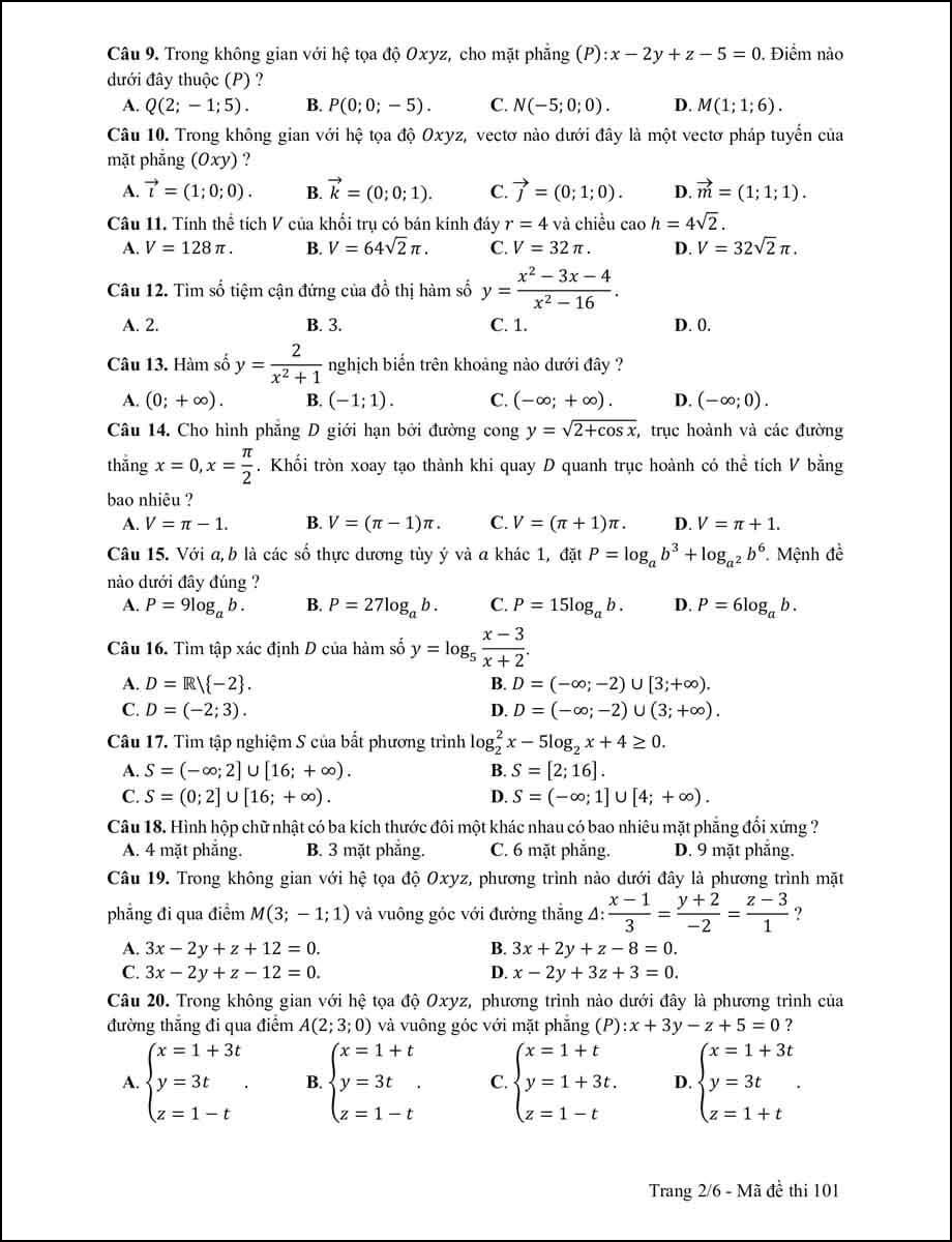 Đề thi môn Toán THPT Quốc gia năm 2017 mã 101 trang 2