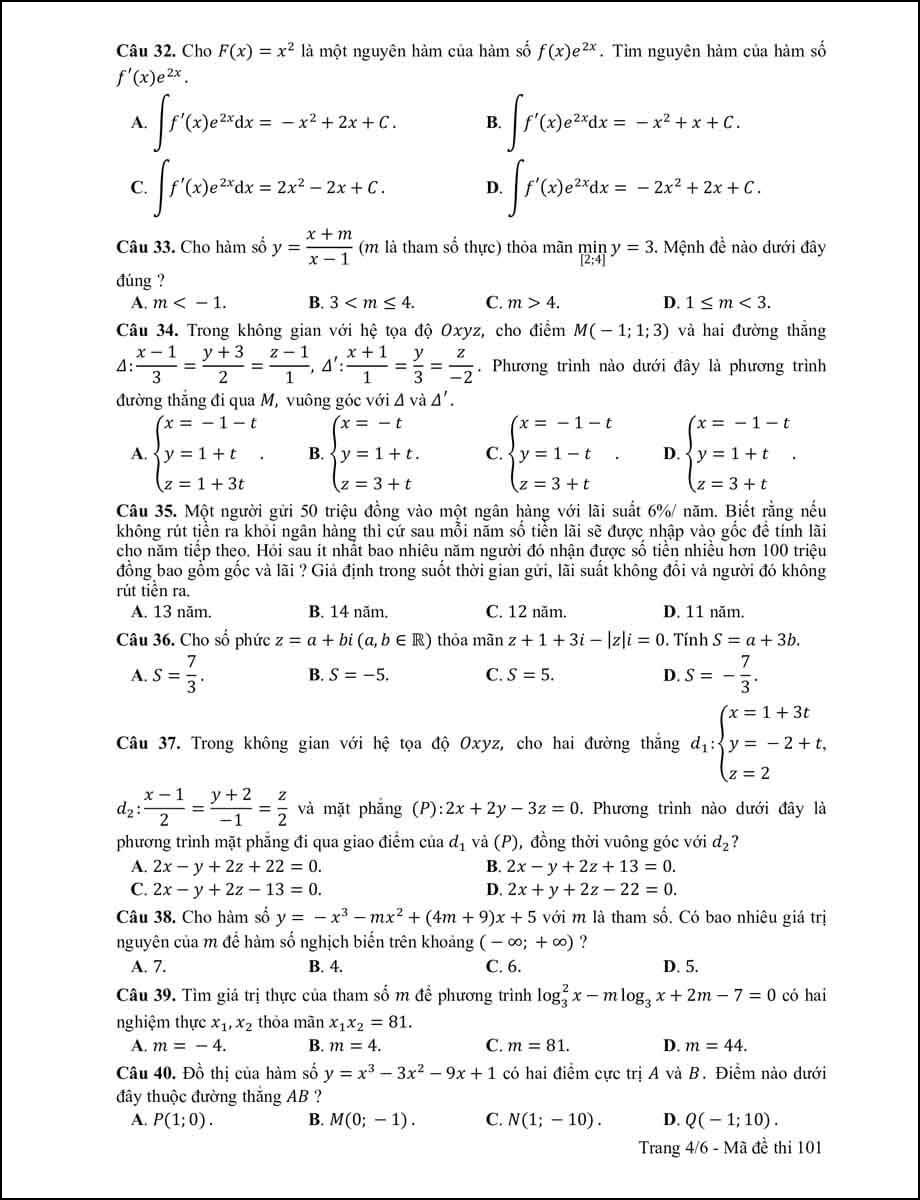 Đề thi môn Toán THPT Quốc gia năm 2017 mã 101 trang 4