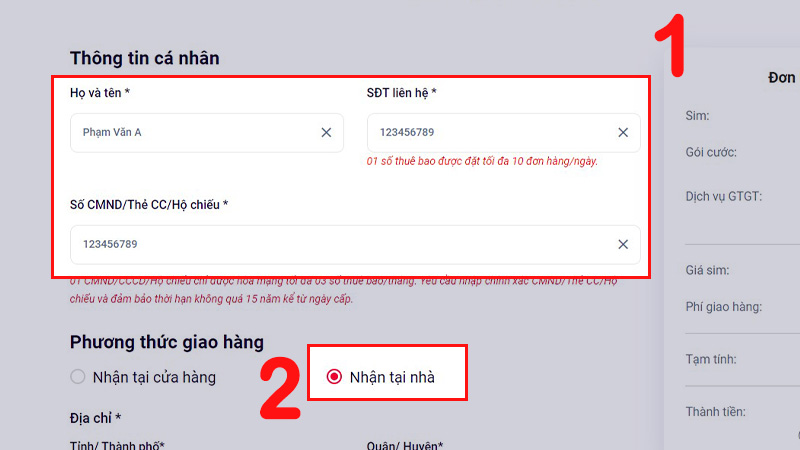 Điền thông tin cá nhân và chọn Nhận tại nhà