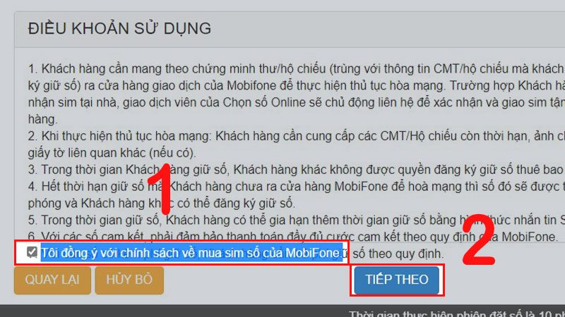 Chọn Tôi đồng ý với chính sách về mua sim số của MobiFone
