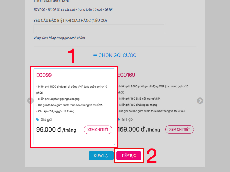Chọn gói cước và nhấn tiếp tục