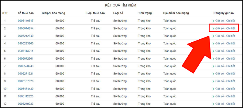 Bấm chọn Giữ số - Chi tiết khi bạn chọn được số ưng ý