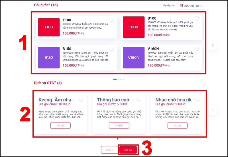 Chọn Gói cước và nhấn Tiếp tục