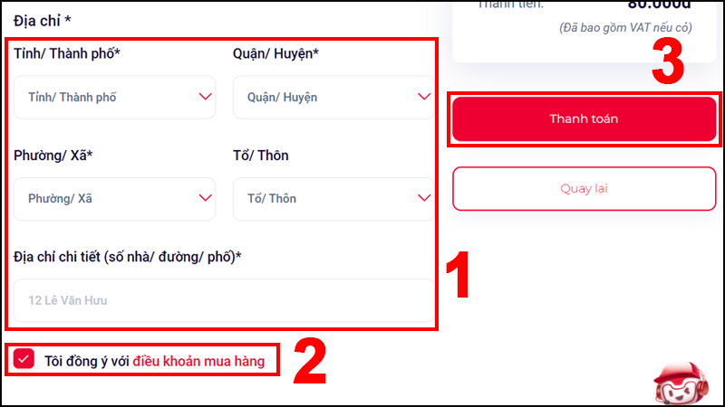 Tích vào ô Tôi đồng ý với điều khoản mua hàng và nhấn Thanh toán