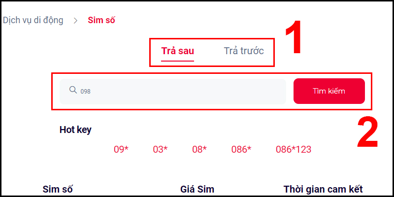 Nhấn vào Tìm kiếm sau khi nhập đầu số bạn muốn mua