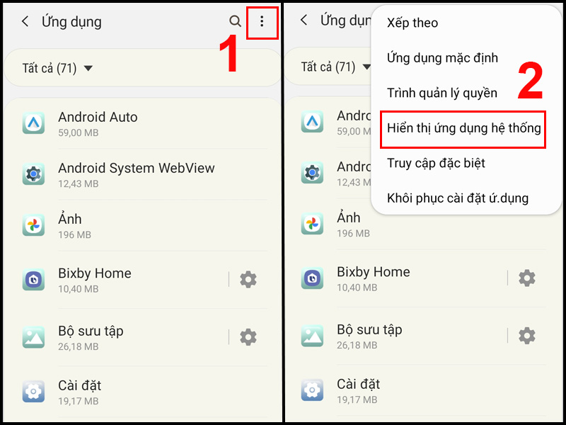 Chạm vào menu 3 chấm rồi chọn Hiển thị ứng dụng hệ thống.