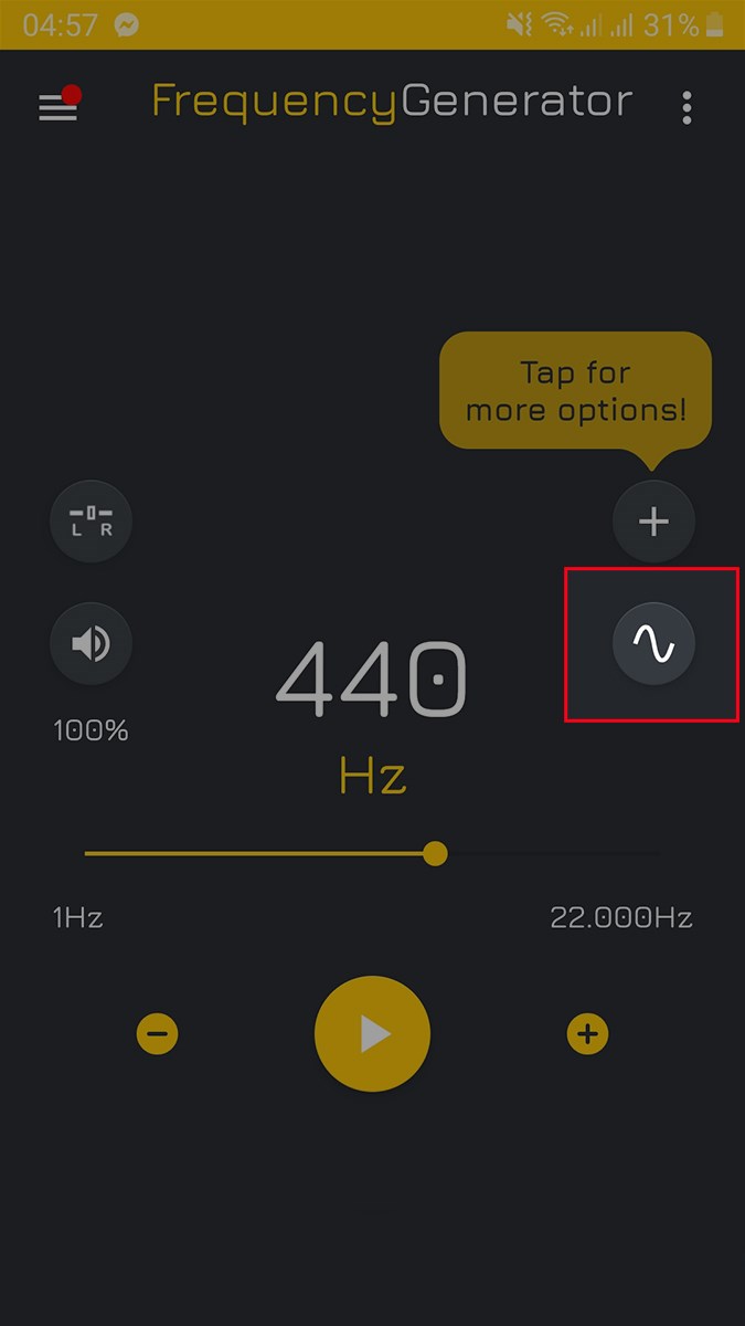 Mở ứng dụng Frequency Sound Generator, nhấn vào biểu tượng đường cong ở bên phải Mở ứng dụng Frequency Sound Generator, nhấn vào biểu tượng đường cong ở bên phải