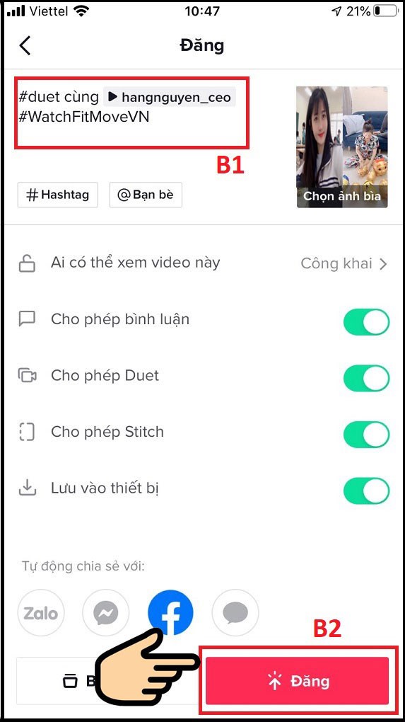 ec80ffb6bc2842761b39-573x1020-1 Viết status và Hashtag cùng tên người dùng Tik Tok mà bạn vừa Duet và Ấn Đăng