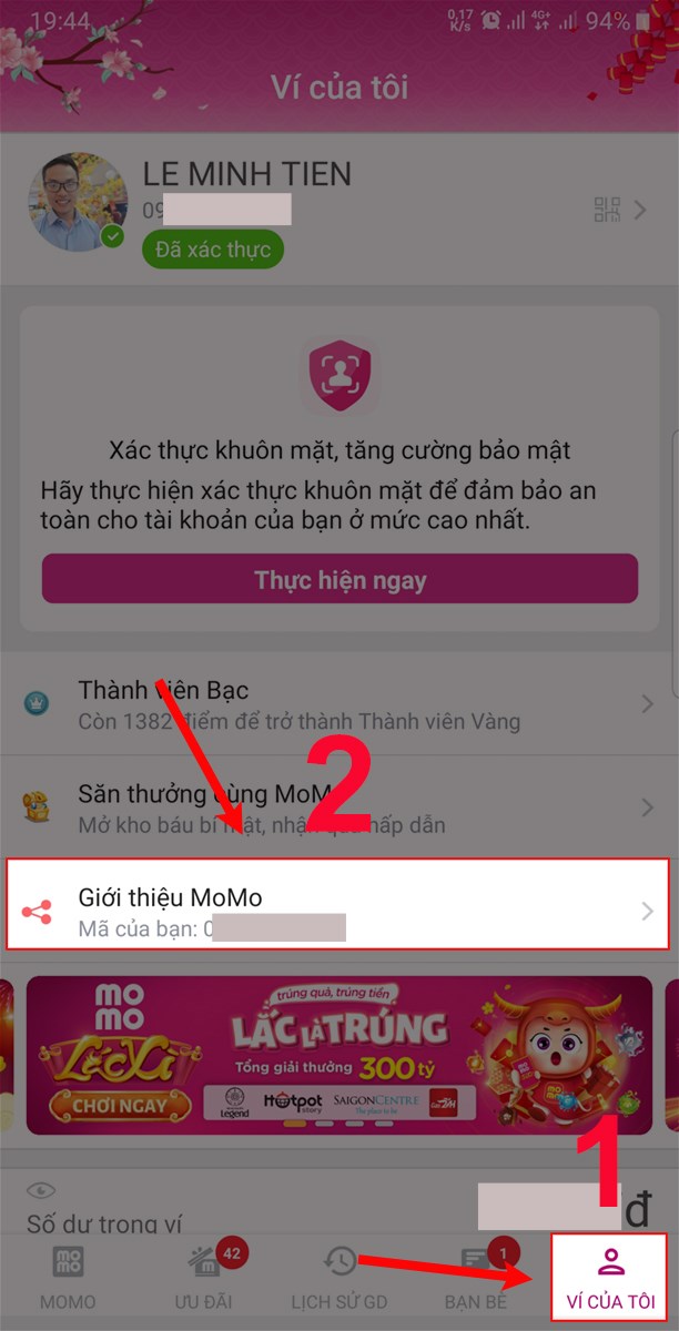 Chọn Ví của tôi và chọn Giới thiệu MoMo. Chọn Ví của tôi và chọn Giới thiệu MoMo.