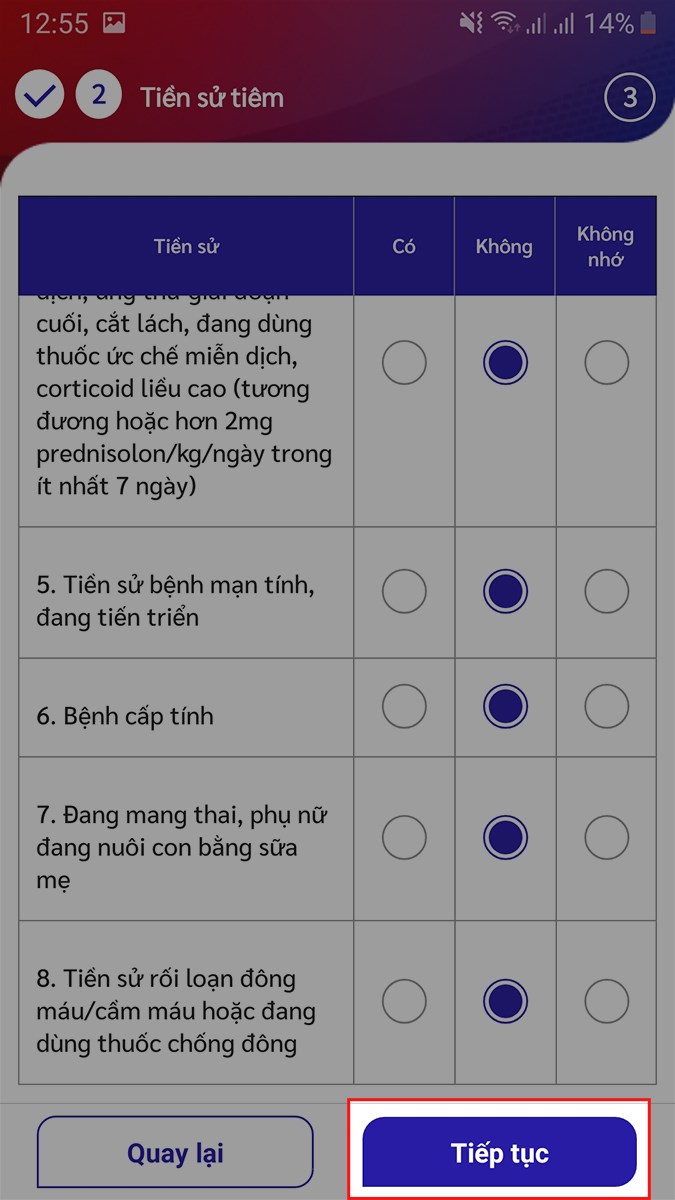 Sau khi trả lời xong các thông tin về tiền sử bệnh, chọn Tiếp tục Sau khi trả lời xong các thông tin về tiền sử bệnh, chọn Tiếp tục