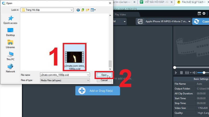 Chọn mở file XviD cần chuyển đổi