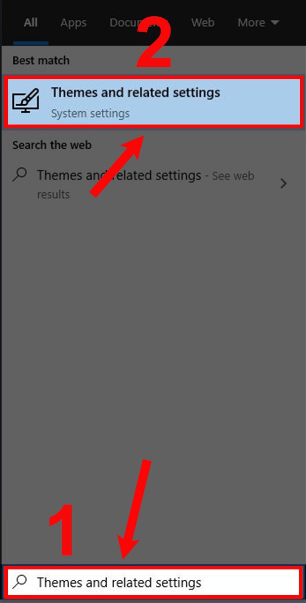 Nhập và chọn Themes and related settings. Nhập và chọn Themes and related settings.