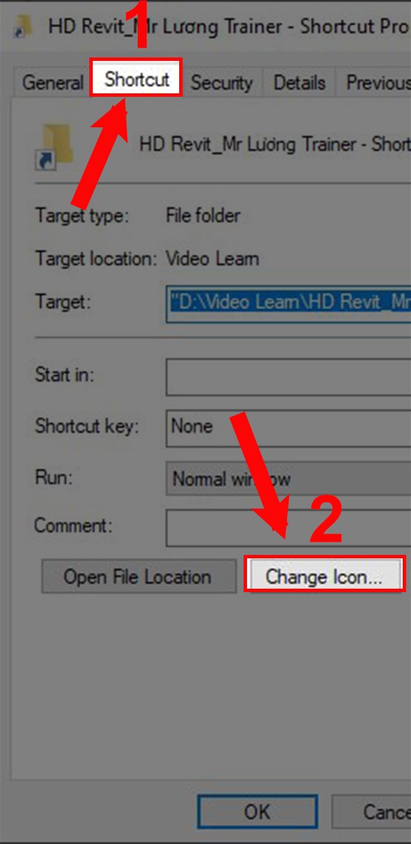 Chọn Shortcut và chọn Change icon. Chọn Shortcut và chọn Change icon.