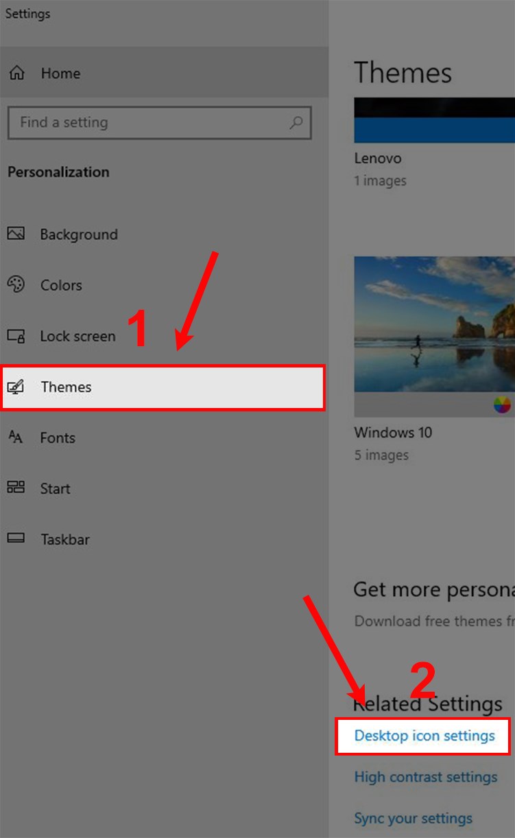 Chọn Themes và chọn Desktop icon settings. Chọn Themes và chọn Desktop icon settings.
