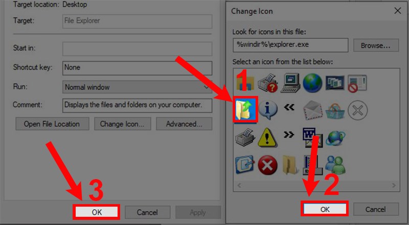 Lựa chọn icon mới, chọn OK và tiếp tục chọn OK là xong. Lựa chọn icon mới, chọn OK và tiếp tục chọn OK là xong.