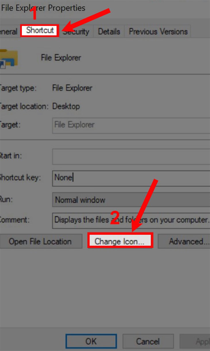Chọn Shortcut và chọn Change icon. Chọn Shortcut và chọn Change icon.