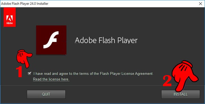 flash-player-install-800x407-1 Tích chọn vào I have read and agree to the terms of the Flash Player License Agreement, rồi nhấn Install