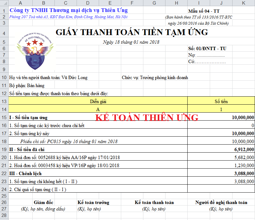 Mẫu giấy thanh toán tiền tạm ứng
