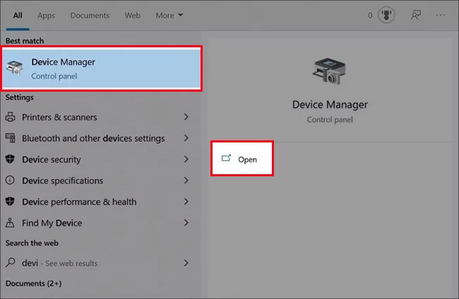 Nhấn vào khung tìm kiếm ở góc dưới bên trái, nhập Device Manager và chọn Open Nhấn vào khung tìm kiếm ở góc dưới bên trái, nhập Device Manager và chọn Open
