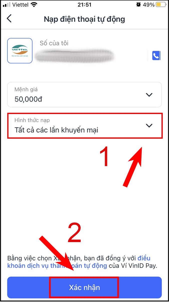h19 Chọn hình thức nạp tự động và xác nhận