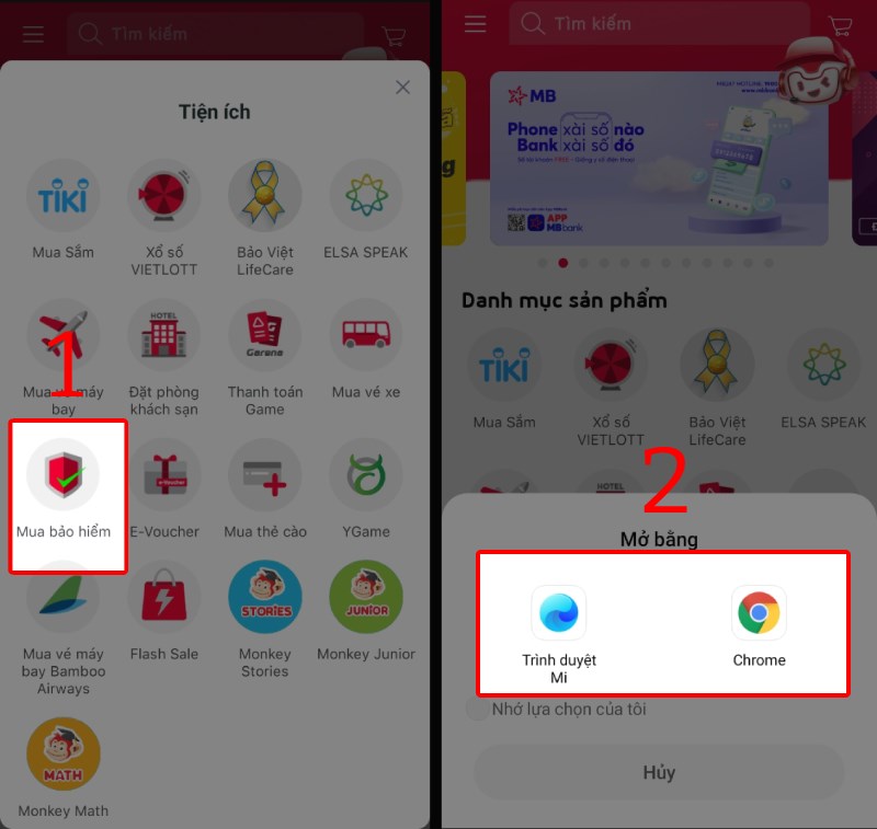 Chọn Mua bảo hiểm và mở bằng trình duyệt Chrome Chọn Mua bảo hiểm và mở bằng trình duyệt bất kỳ