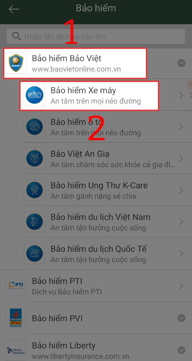 Chọn công ty bảo hiểm, nhấn vào mục Bảo hiểm xe máy Chọn công ty bảo hiểm, nhấn vào mục Bảo hiểm xe máy