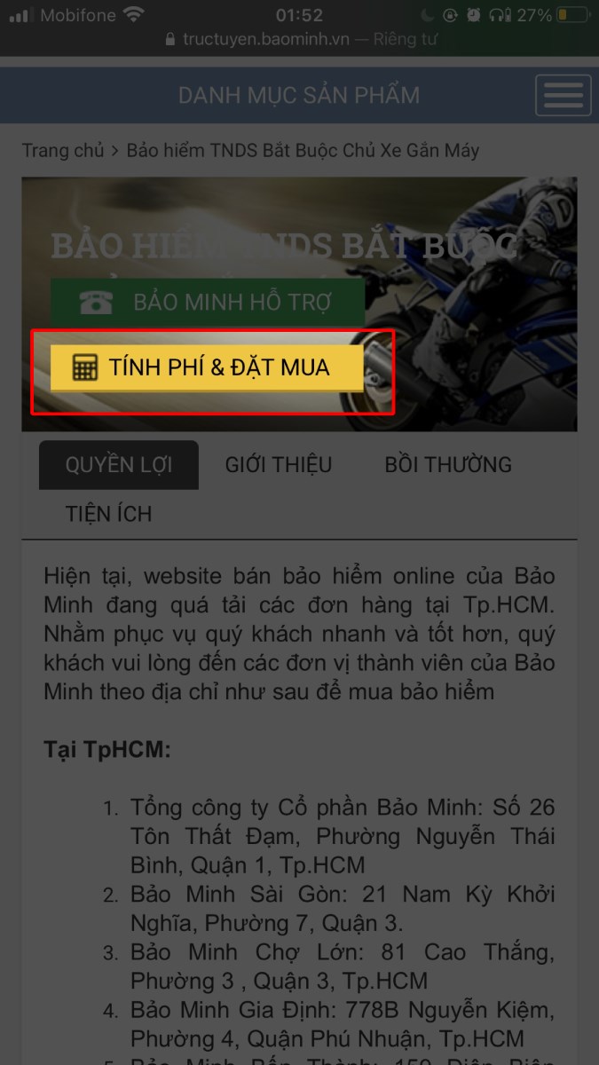 Nhấn chọn nút Tính phí & Đặt mua màu vàng. Nhấn chọn nút Tính phí & Đặt mua