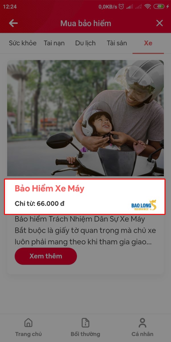 Nhấn vào chữ Bảo hiểm xe máy. Nhấn vào chữ Bảo hiểm xe máy.