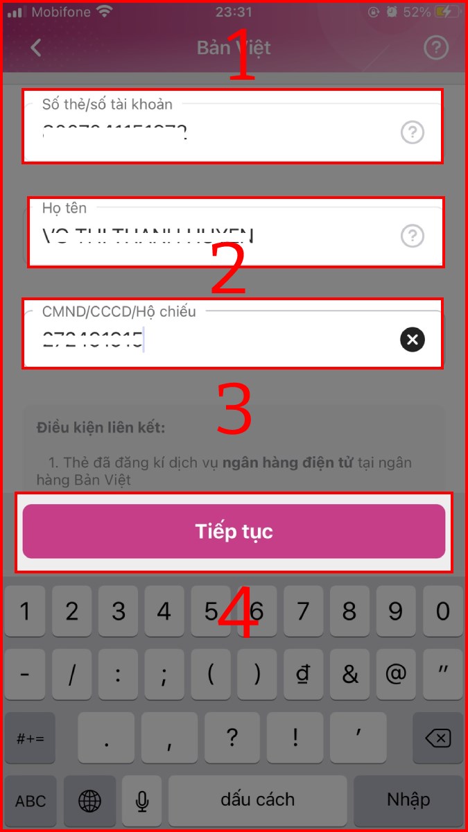 Nhập Số thẻ/số tài khoản, Họ tên, CMND/CCCD/Hộ chiếu và nhấn Tiếp tục Nhập Số thẻ/số tài khoản, Họ tên, CMND/CCCD/Hộ chiếu và nhấn Tiếp tục