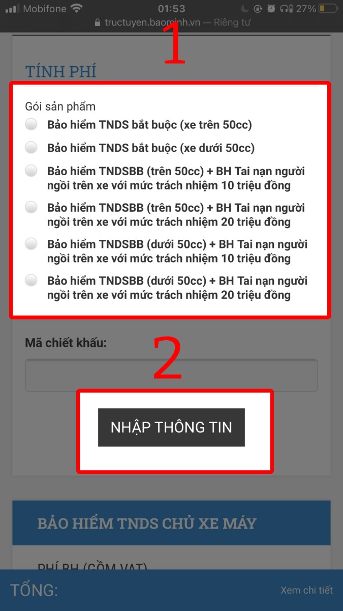 Chọn gói sản phẩm và nhấn nút Nhập thông tin. Chọn gói sản phẩm và nhấn nút Nhập thông tin.
