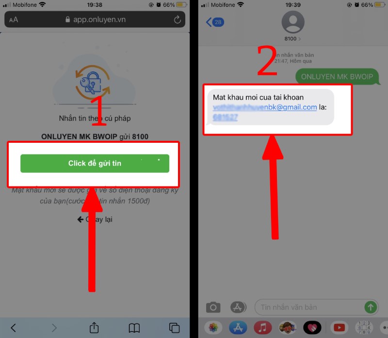 Nhấn nút Click để gửi tin và sao chép lại số mật khẩu mới Nhấn nút Click để gửi tin và sao chép lại số mật khẩu mới