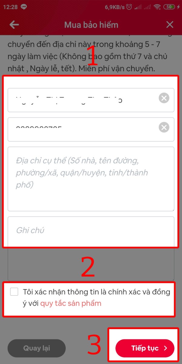 Nhập thông tin người nhận, tick vào Tôi xác nhận... và nhấn Tiếp tục. Nhập thông tin người nhận, tick vào Tôi xác nhận... và nhấn Tiếp tục.
