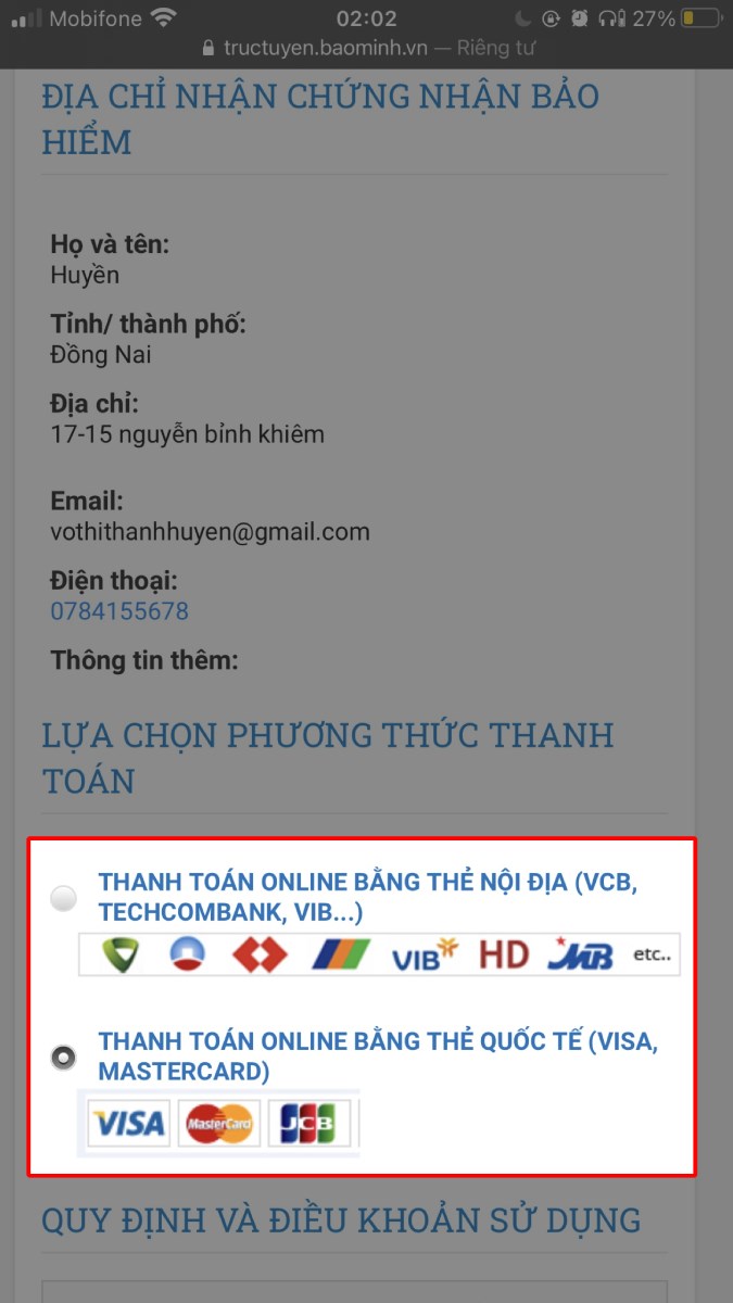 Chọn Thanh toán online bằng thẻ nội địa hoặc thẻ quốc tế. Chọn Thanh toán online bằng thẻ nội địa hoặc thẻ quốc tế.