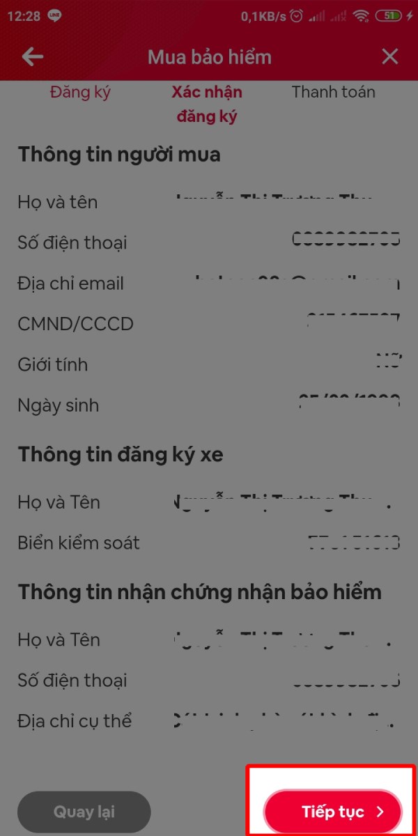 Kiểm tra lại thông tin đăng ký và nhấn Tiếp tục. Kiểm tra lại thông tin đăng ký và nhấn Tiếp tục.