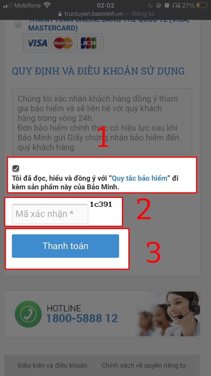 Tick vào Tôi đã đọc..., nhập Mã xác nhận và nhấn nút Thanh toán. Tick vào Tôi đã đọc..., nhập Mã xác nhận và nhấn nút Thanh toán.