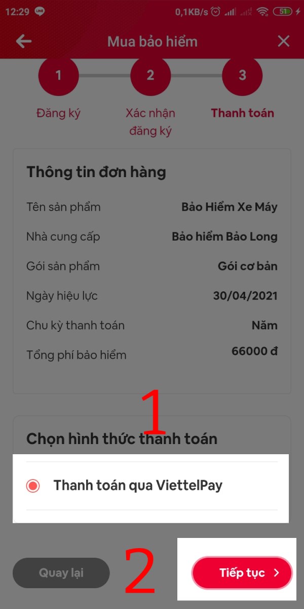 Kiểm tra lại thông tin đăng ký và nhấn Tiếp tục. Kiểm tra lại thông tin đăng ký và nhấn Tiếp tục.