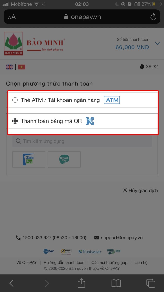 Chọn thanh toán bằng Thẻ ATM/Tài khoản ngân hàng hoặc mã QR. Chọn thanh toán bằng Thẻ ATM/Tài khoản ngân hàng hoặc mã QR.