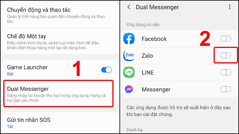 Vào Dual Messenger và kích hoạt cho ứng dụng Zalo