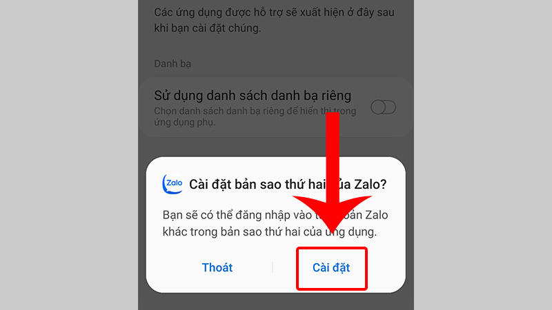 Nhấn Cài đặt để xác nhận lựa chọn