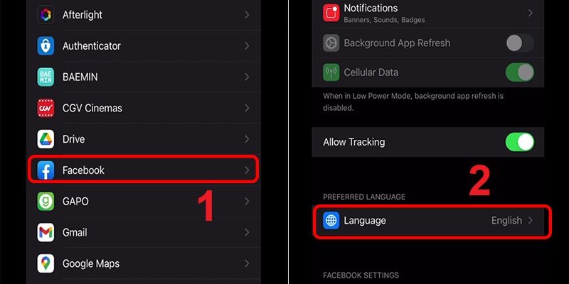 Nhấn chọn mục Language của ứng dụng Facebook