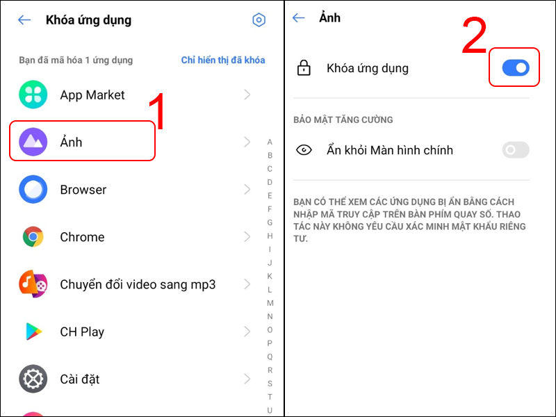 Chọn vào ứng dụng cần khóa và bật Khóa ứng dụng