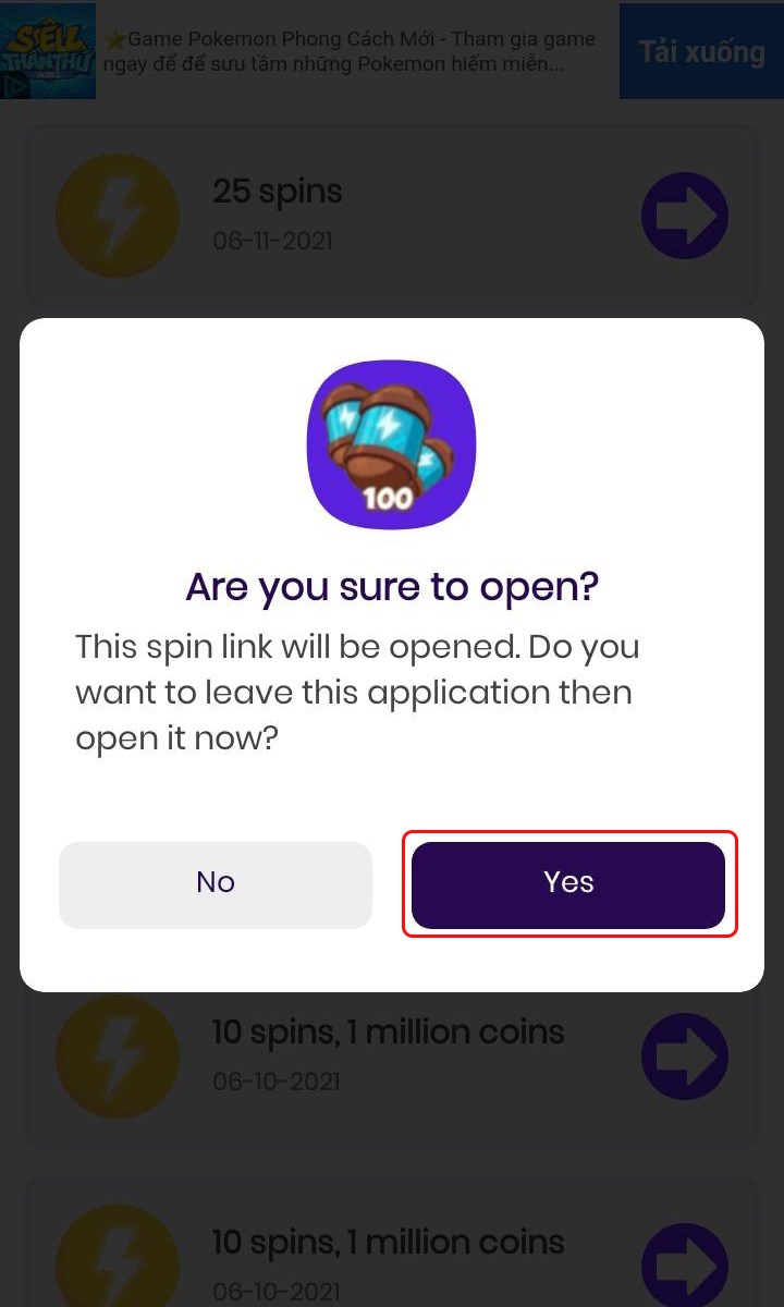 Cài đặt Spin Link Chọn Yes